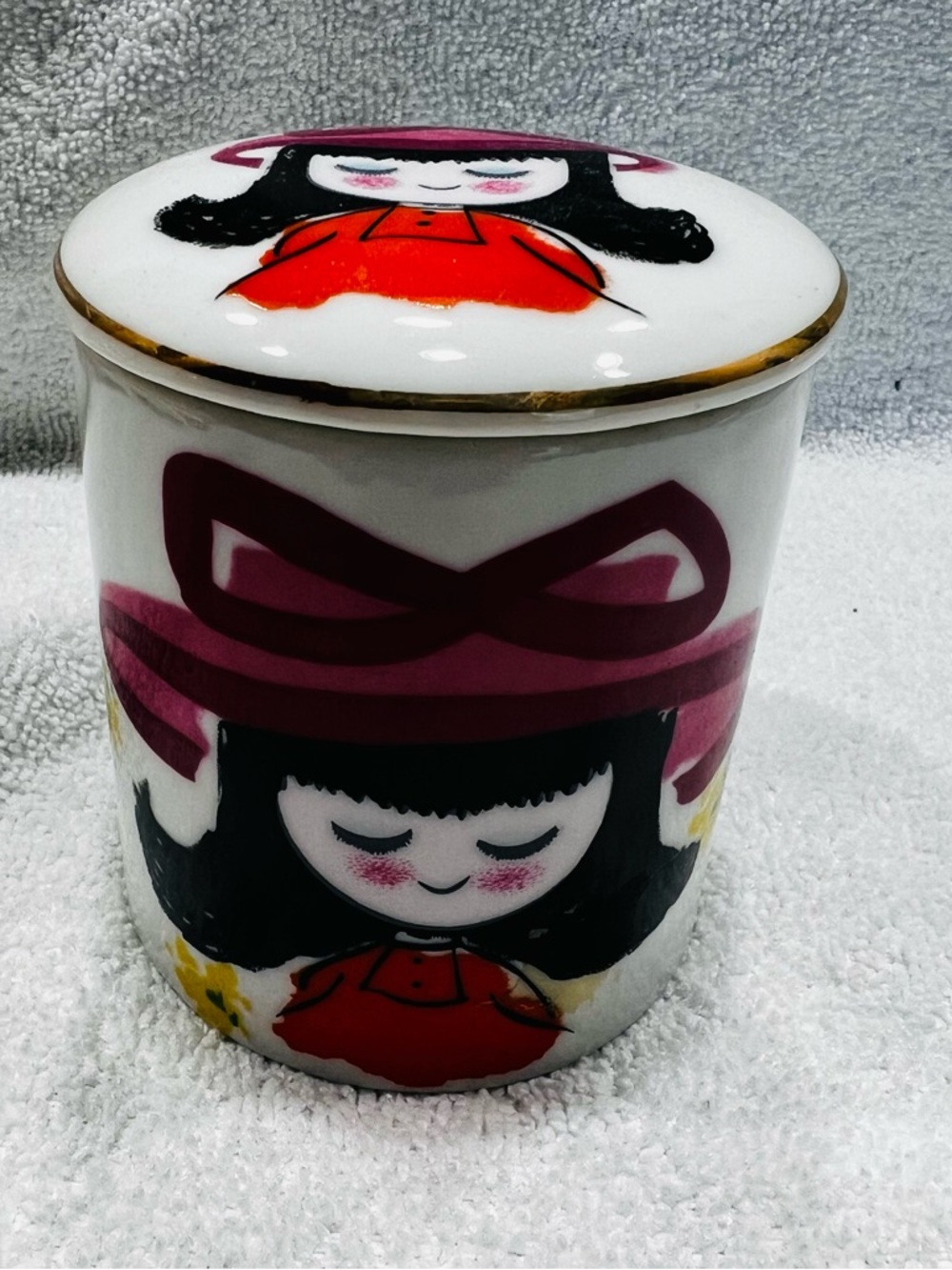 Monet - Cute Girl Illustration Ceramic Trinket Jar - White, Black, Red, Pink
